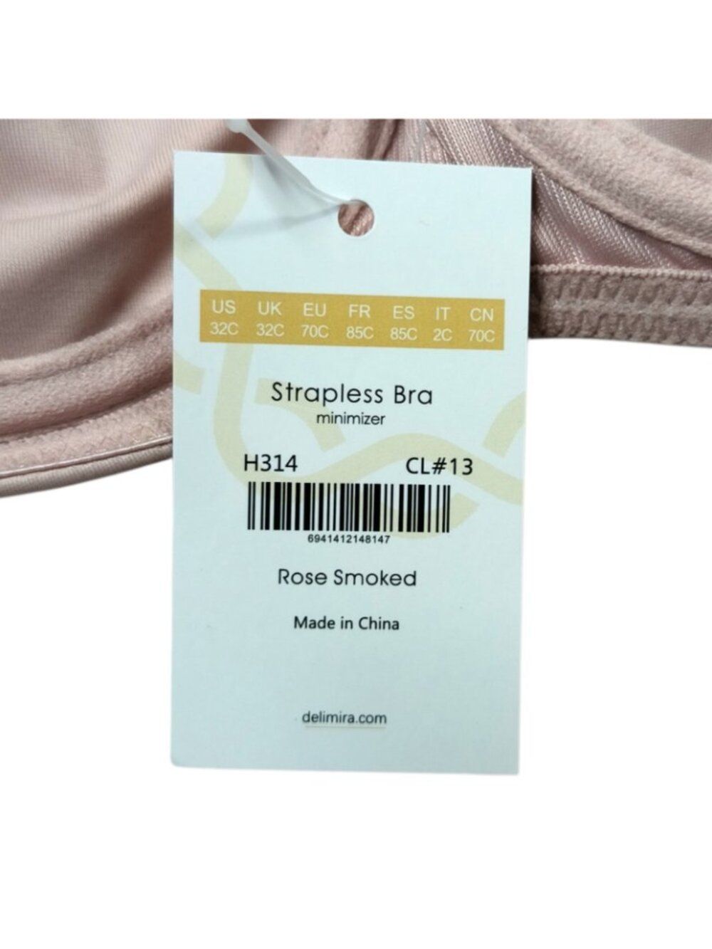 NWT Delimira H314 Strapless Minimizer Bra 32C Rose Smoked Convertible Straps